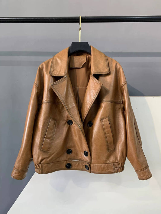 109Y Vintage Oil-Wax Sheepskin Short Blazer Jacket for Fall