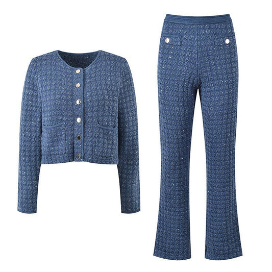 SET228 Autumn Blue Tweed Knit Sequin Top and Wide Leg Pants