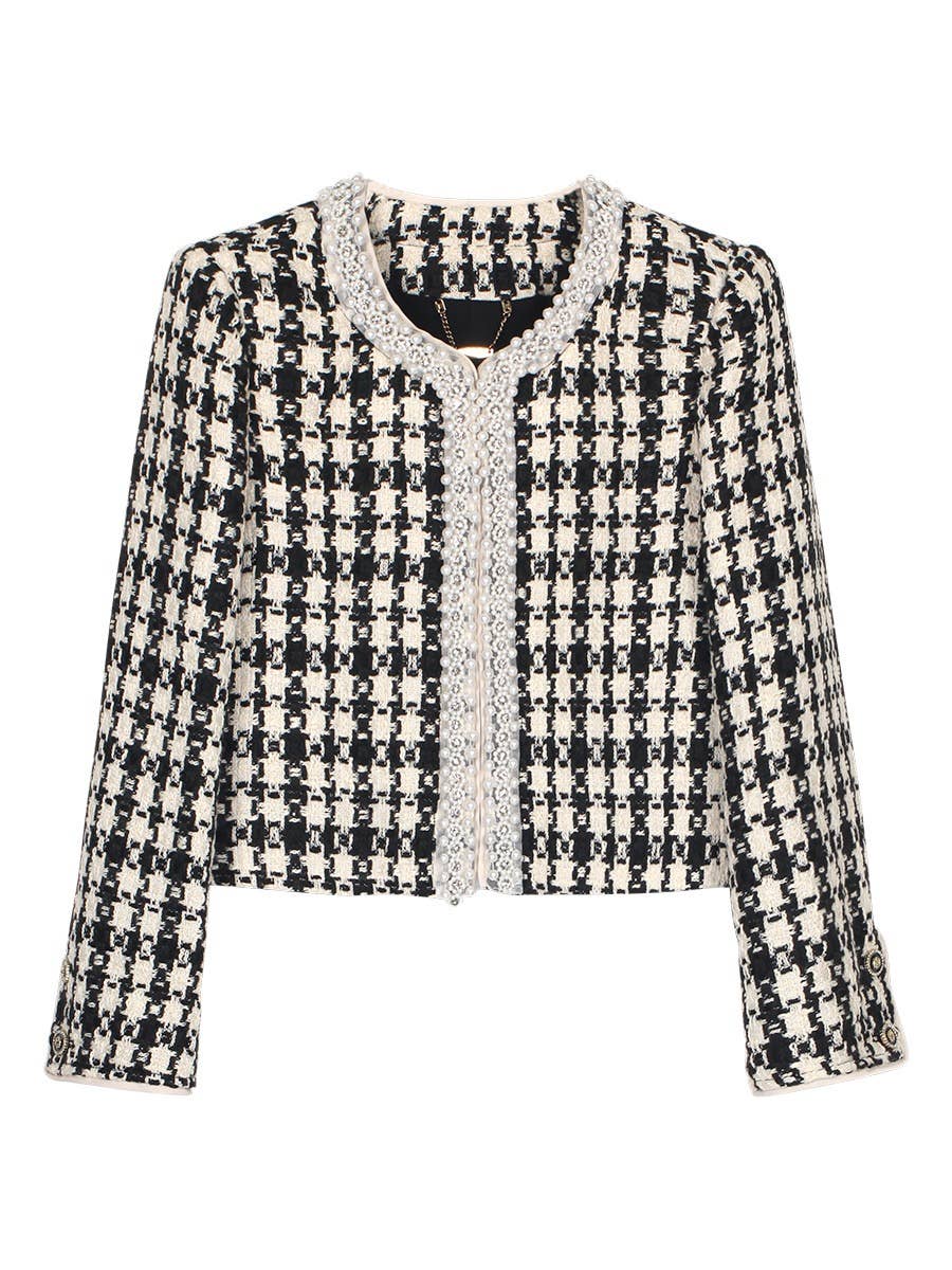 JK269Y 2025 Hand-Beaded Houndstooth Tweed Hook Blazer Jacket