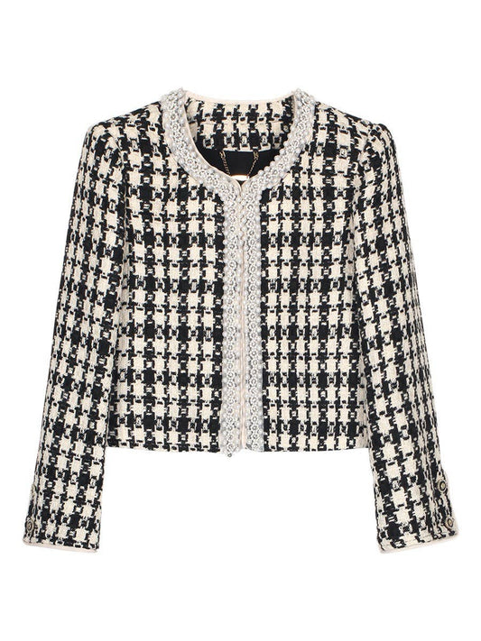 JK269Y 2025 Hand-Beaded Houndstooth Tweed Hook Blazer Jacket