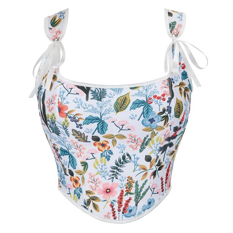 VE17 Black Floral Tube Top with Adjustable Tie Straps