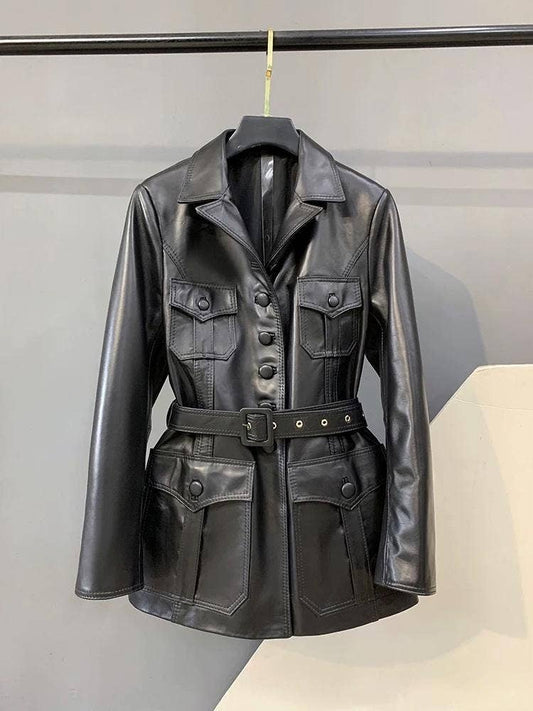 6L Women¡¯s Genuine Leather Belted Slim-Fit Mid-Length Coat