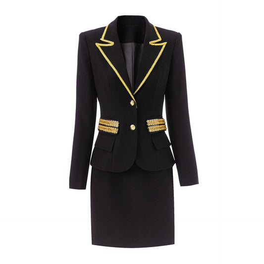 SET193Y Elegant Gold-Trim Blazer Skirt Set for Formal Events