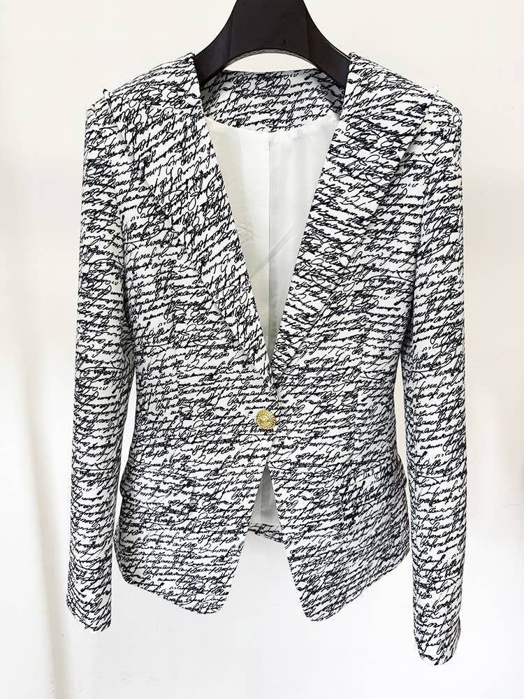 JK136Y English Letter Print Slim Fit Single Button Jacket