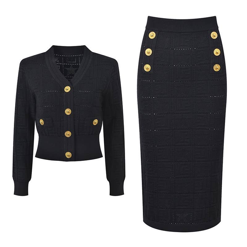 SET209Y Handmade Jacquard Knit V-Neck Cardigan and Skirt Set