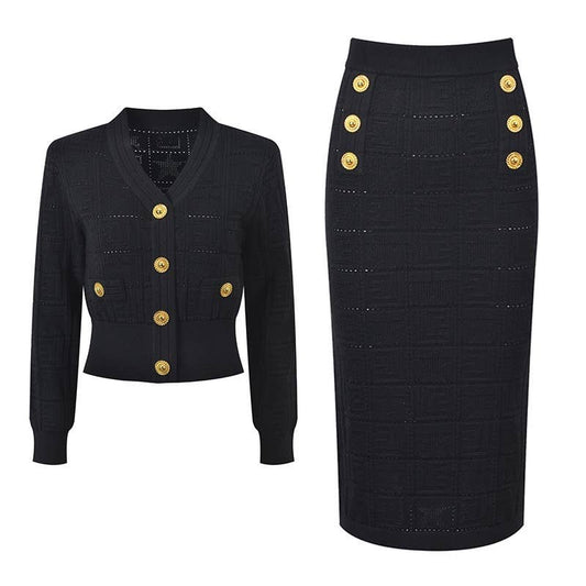SET209Y Handmade Jacquard Knit V-Neck Cardigan and Skirt Set