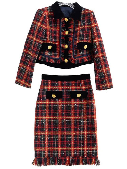 101Y Red Sequin Tweed Plaid Shirt and Fringe Hem Skirt Set