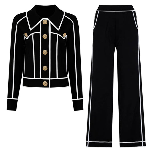 SET276Y Striped Knit Cardigan Jacket and Casual Pants Set