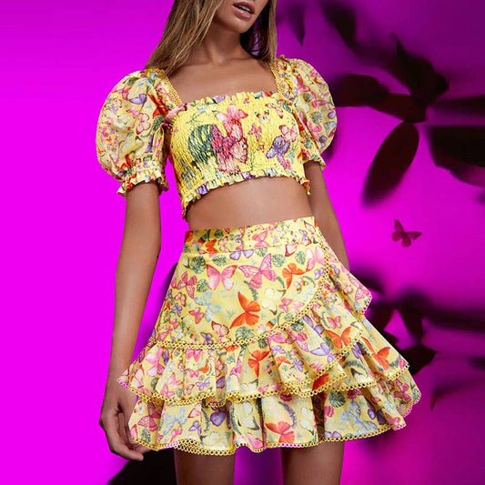 SET136 Boho Chic: Square Neck Top & Ruffled Skirt