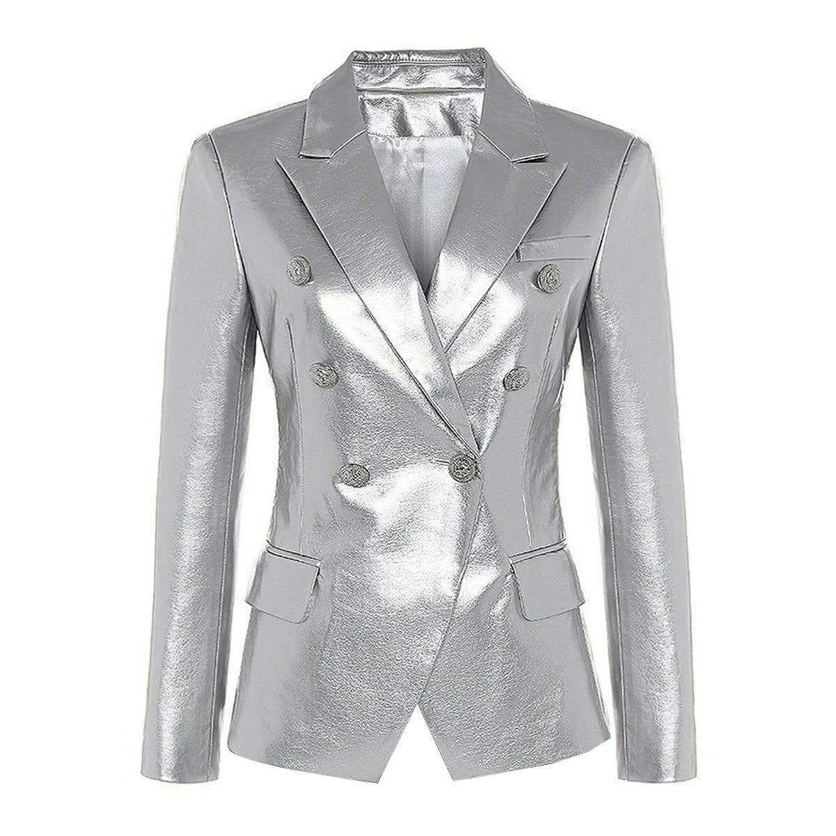 BL036 Women Vivid Blue Faux Leather Slim Fit Blazer