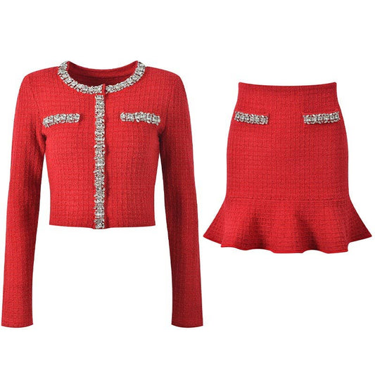 SET246 Red Wool Knit Holiday Set with Rhinestone Details
