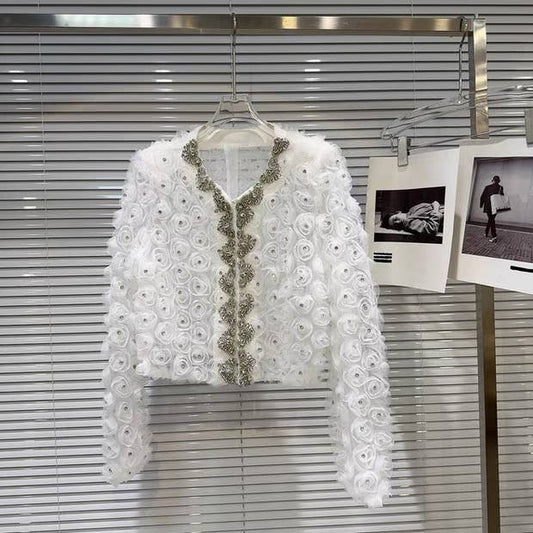 JK185Y Handmade Rhinestone Mesh Floral Short Jacket Top