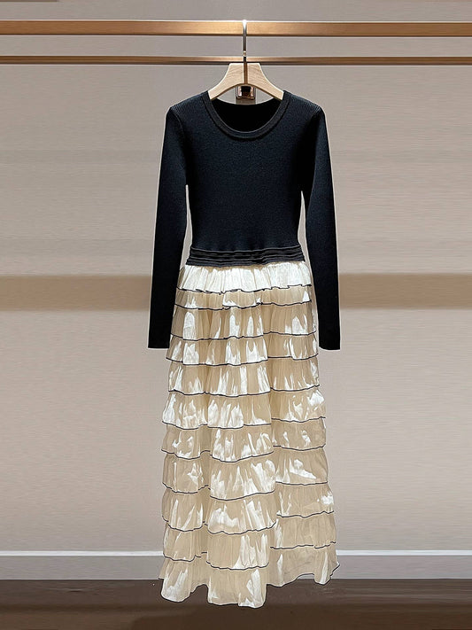 DR896Y Elegant Knit Contrast Ruffle Maxi Dress for Fall