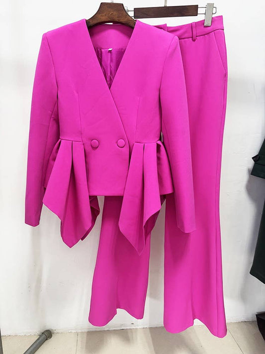 PY Women¡¯s Peplum Fitted Jacket & Flared Pants Two-Piece Set