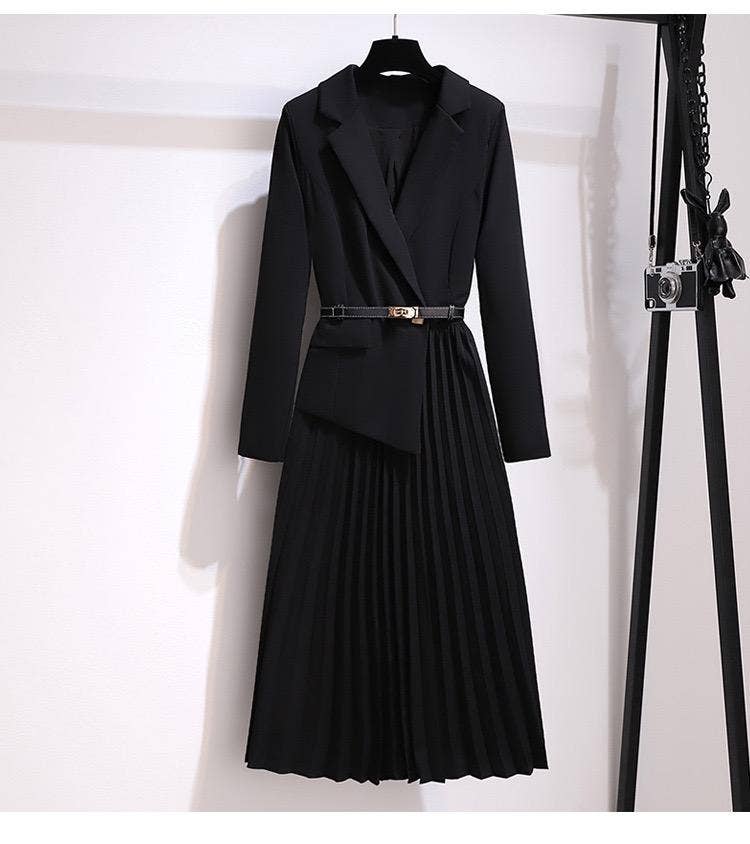 DR056Y Women Blazer Pleated Dress With Genius Leatther Belt