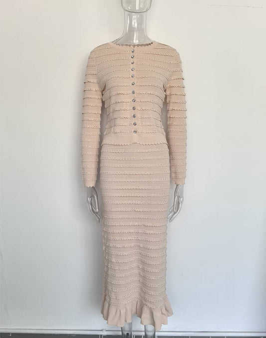 SET49 Green Knitted Two-Piece Set with Hand-Drilled Details