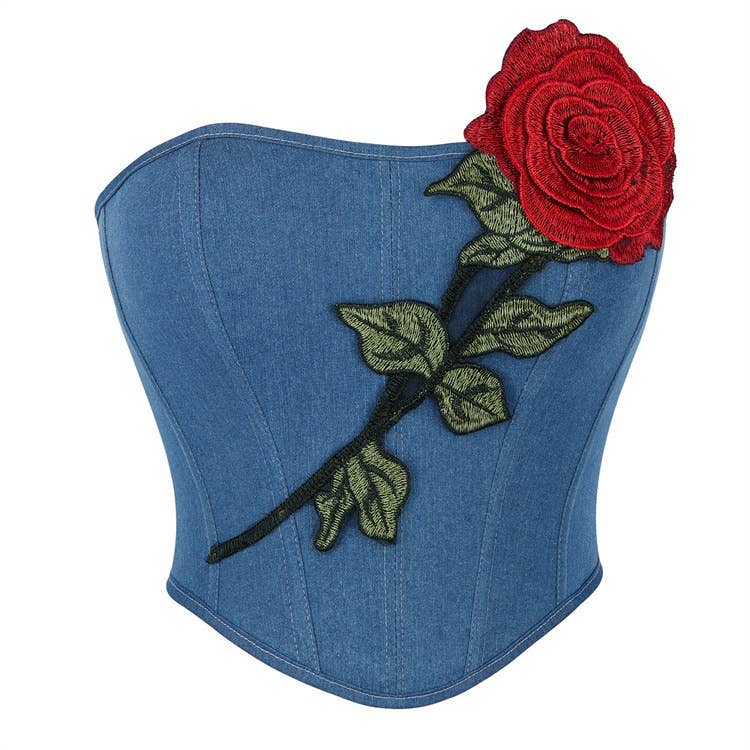 VE11 Elegant Denim Corset Top with Red Rose Embroidery