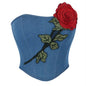 VE11 Elegant Denim Corset Top with Red Rose Embroidery