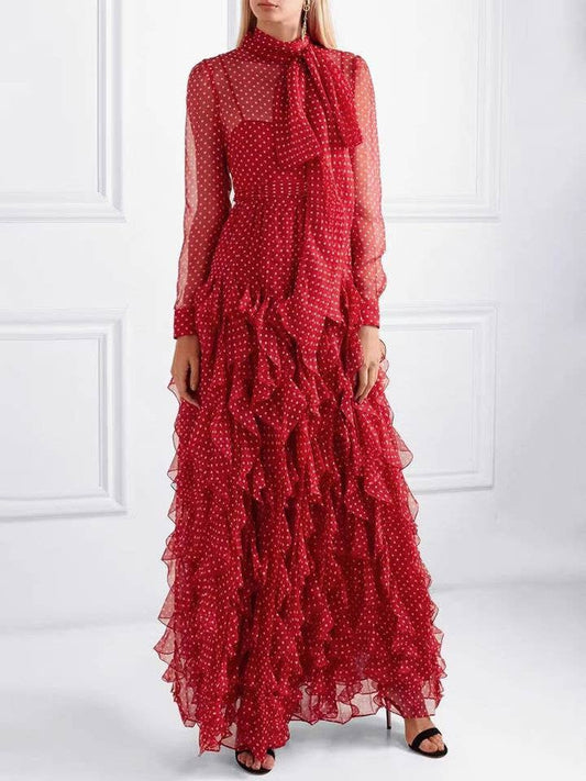 DR0272Y Elegant Red Polka Dot Chiffon Gown