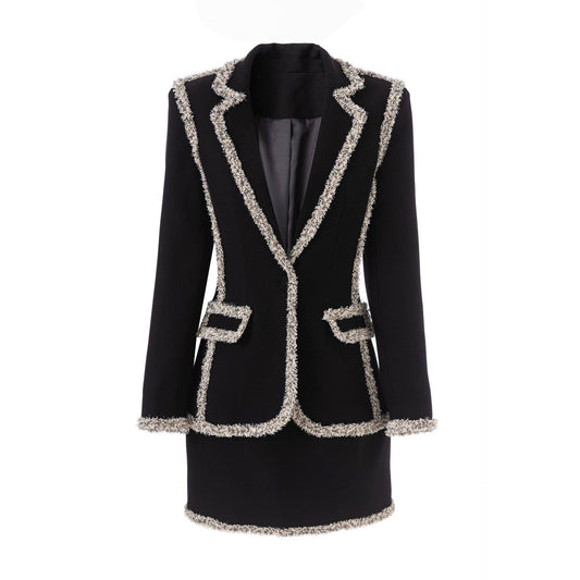 SET192Y Fringed Velvet Tweed Blazer & Skirt Set