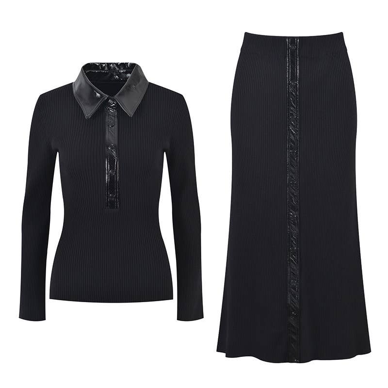 SET232 PU-Trim Knit Top & High-Waist Skirt Set for Fall