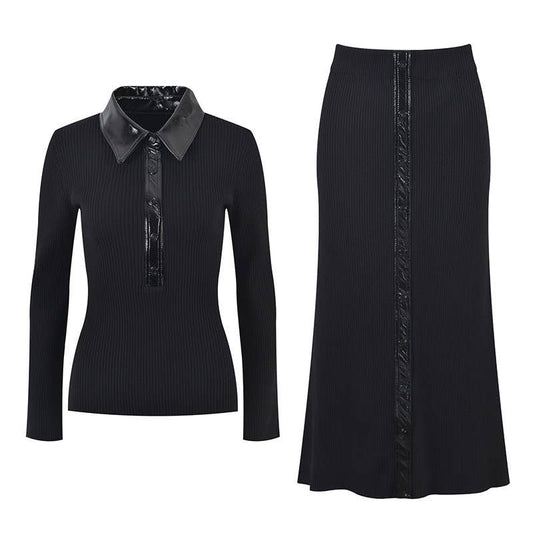 SET232 PU-Trim Knit Top & High-Waist Skirt Set for Fall