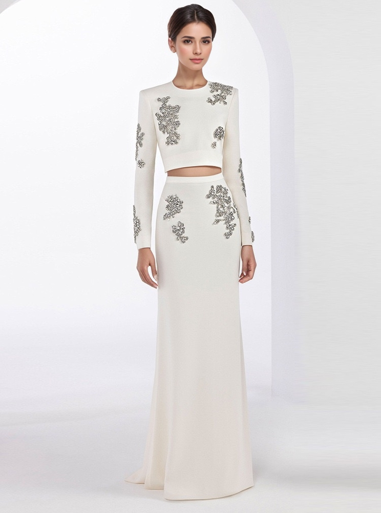 SET47Y Handmade Beaded Diamond Two-Piece Set with Long Skirt