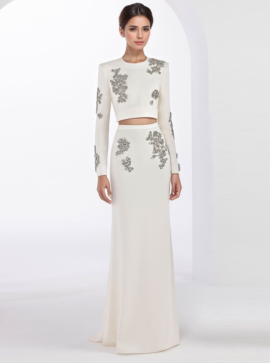 SET47Y Handmade Beaded Diamond Two-Piece Set with Long Skirt