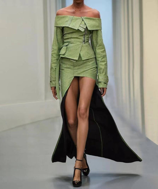 SET8-6Y Chic One-Shoulder Jacket & Slit Skirt Set