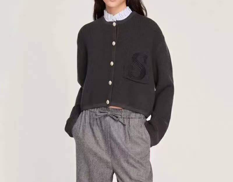 JK107 Black Knitted Cardigan Coat with Ruffled Edge