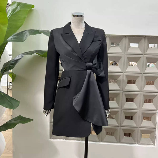 BL5-6 Asymmetrical Blazer Dress with Bow and Waist Cut-Out