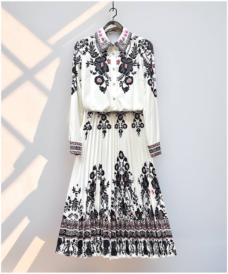 SET242Y Beaded Rhinestone Shirt and Pleated Printed Skirt Se