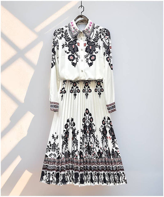 SET242Y Beaded Rhinestone Shirt and Pleated Printed Skirt Se