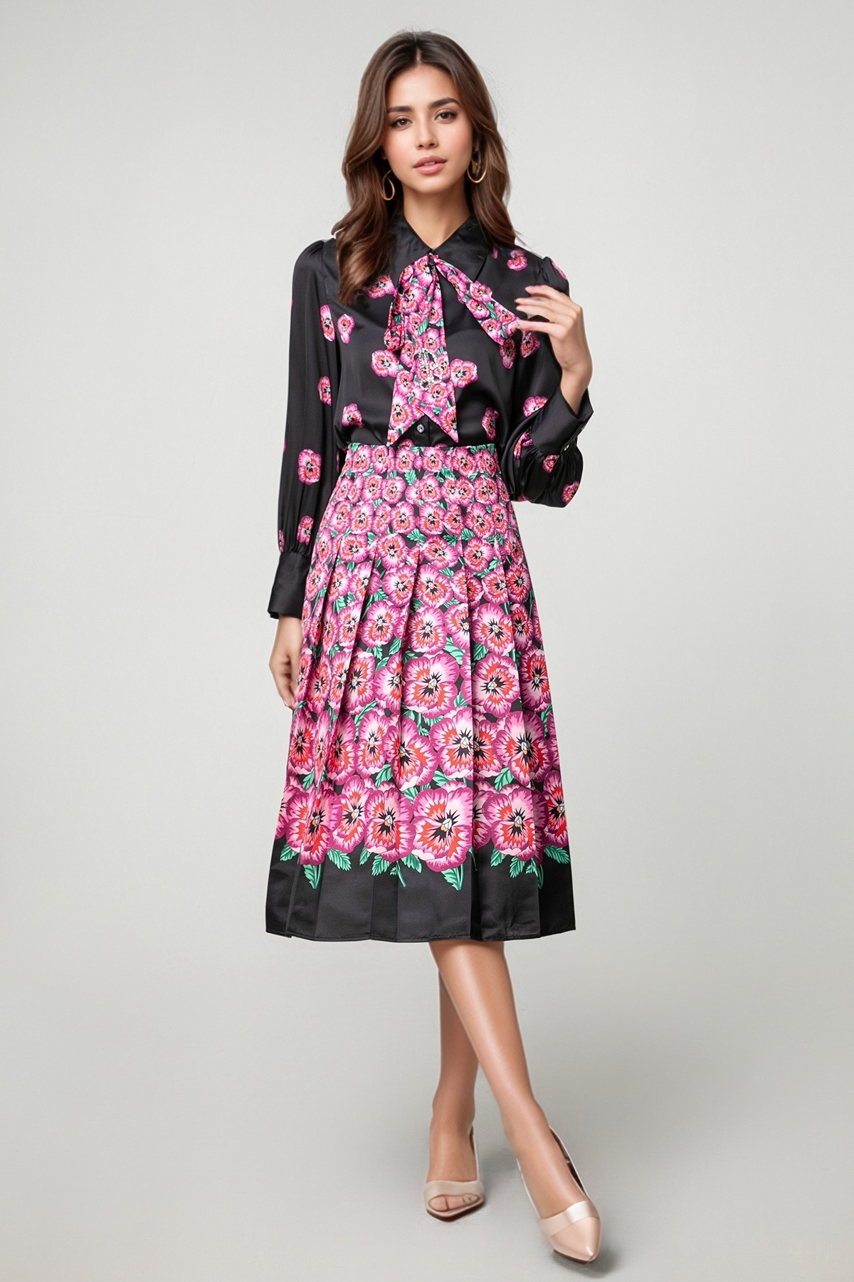 27Y Retro Floral Print Tie Waist Shirt & Pleated Skirt Set