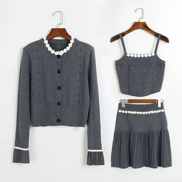 SET180 Lace Trim Knit Three-Piece Set with Pleated Skirt
