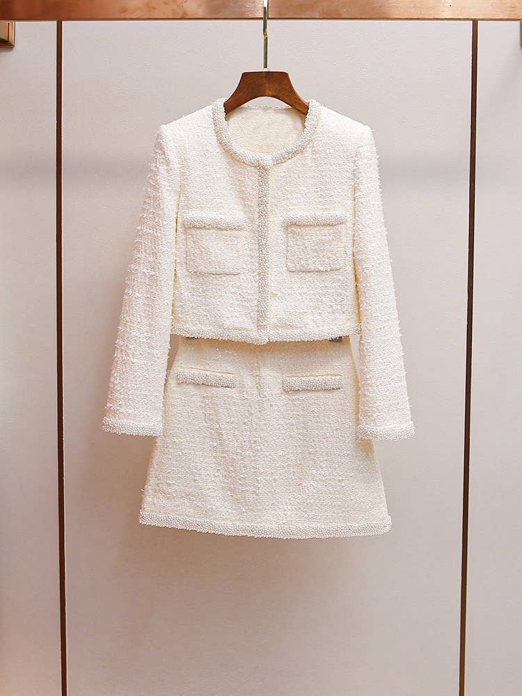 SET92Y Handmade Beaded Tweed Jacket & Skirt Autumn Set