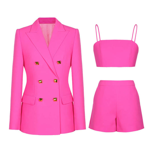 SET061 Three-Piece Suit with Blazer, Crop Top, and Shorts