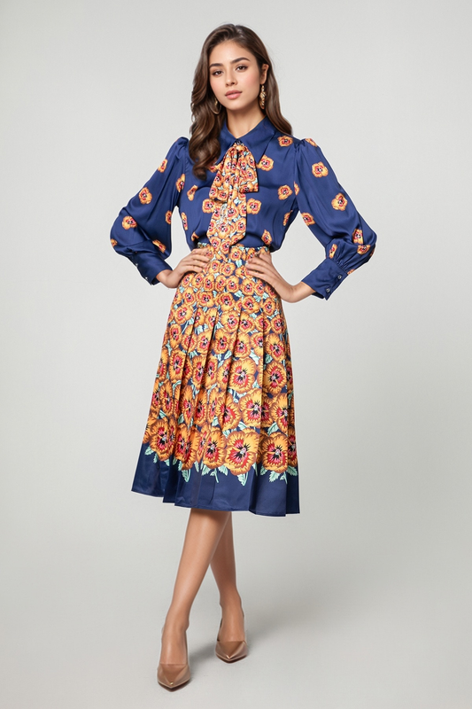 27Y Retro Floral Print Tie Waist Shirt & Pleated Skirt Set