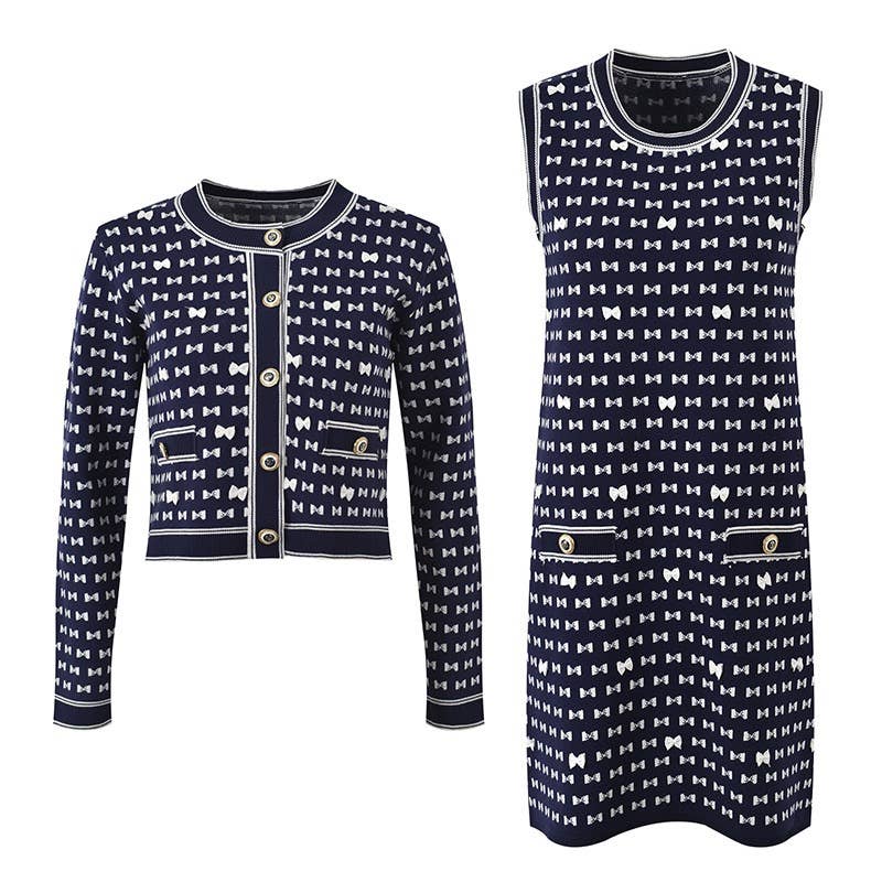 SET225 Autumn Knit Bow Print Top and Sleeveless Dress Set