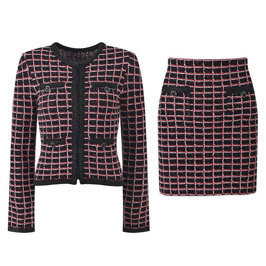 SET234 Wool Tweed Knit Red Black Plaid Crop Top Skirt Set