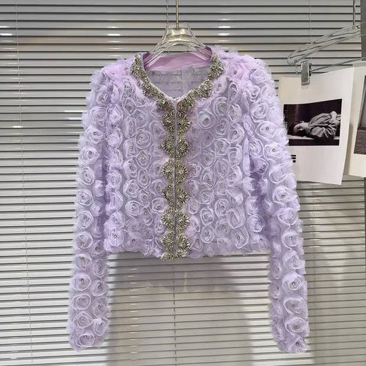 JK185Y Handmade Rhinestone Mesh Floral Short Jacket Top