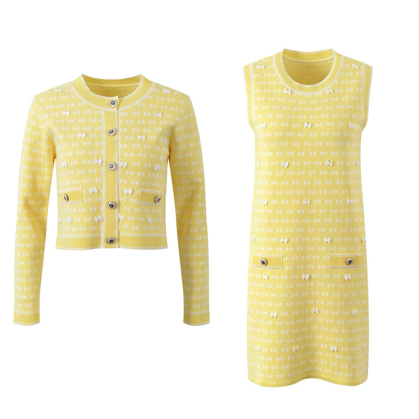 SET225 Bow Print Knit Jacket & Sleeveless Dress Set ¨C Fall