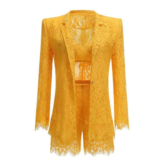 SET285Y Yellow Lace Three Piece Set Cami Shorts Blazer
