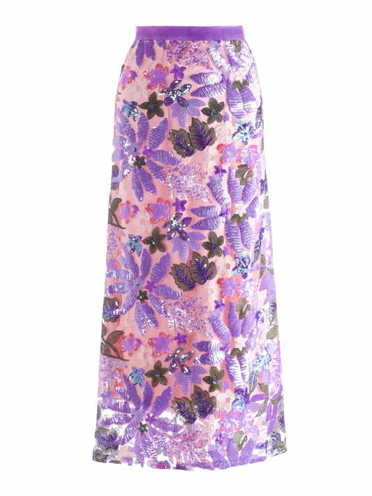 SK92Y 2026 Spring Vintage Sequin Lace Embroidered Midi Skirt