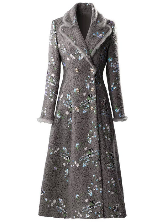 108Y Embroidered Sequin Fur-Trim Double-Breasted Winter Coat