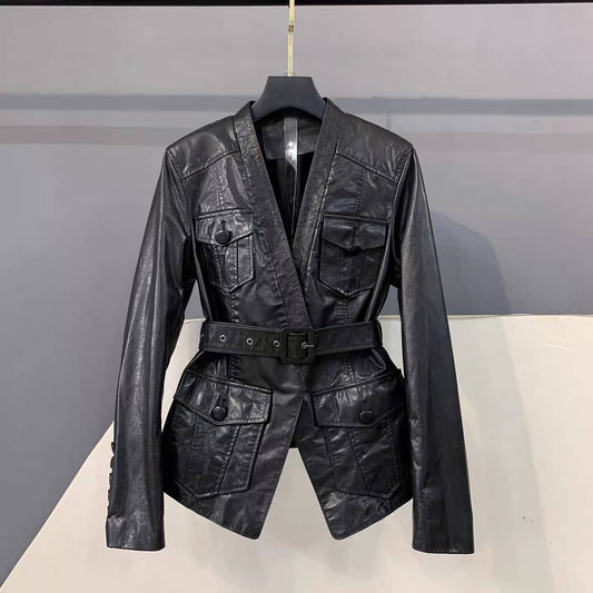 BL48Y Women¡¯s Genuine Leather Jacket V-Neck Belted Jacket