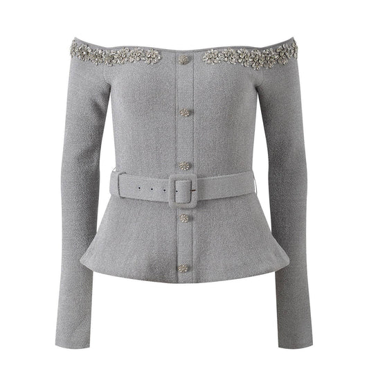 JK217 Autumn 2025 Elegant Off Shoulder Top with Belt Detail