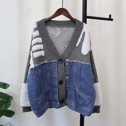 JK104 Patchwork Denim Knitted Cardigan Sweater Jacket