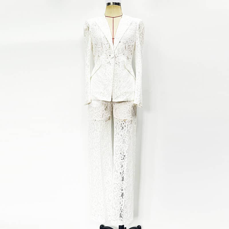 30Y Elegant Lace Suit: Chic Jacket & Slim Straight Pants Set