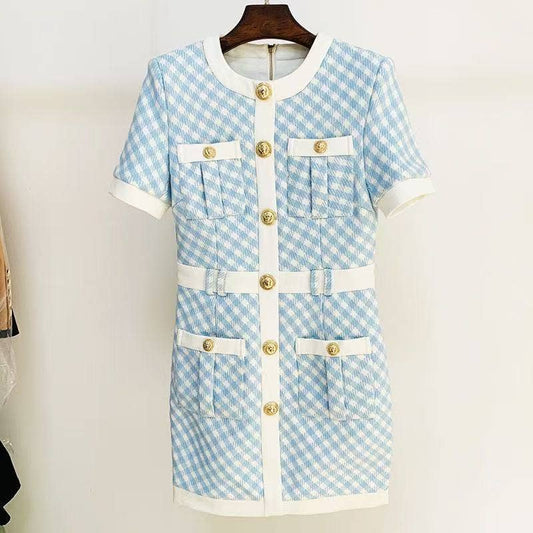 DR713Y Short Sleeve Colorblock Tweed Plaid Dress